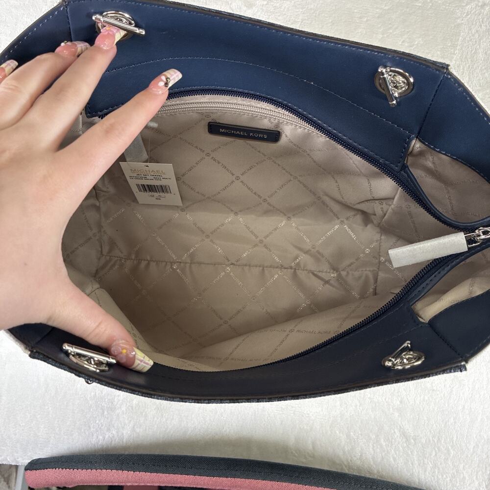NWT Michael Kors Jet Set Travel Large Chain Shoulder Tote Bag Navy Multi Charity - Picture 13 of 16